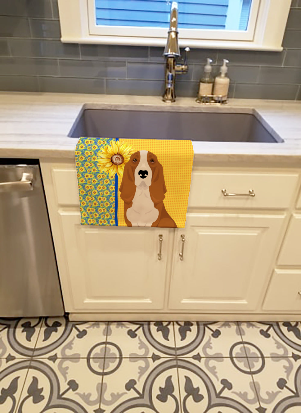 Buy this Summer Sunflowers Red and White Tricolor Basset Hound Kitchen Towel