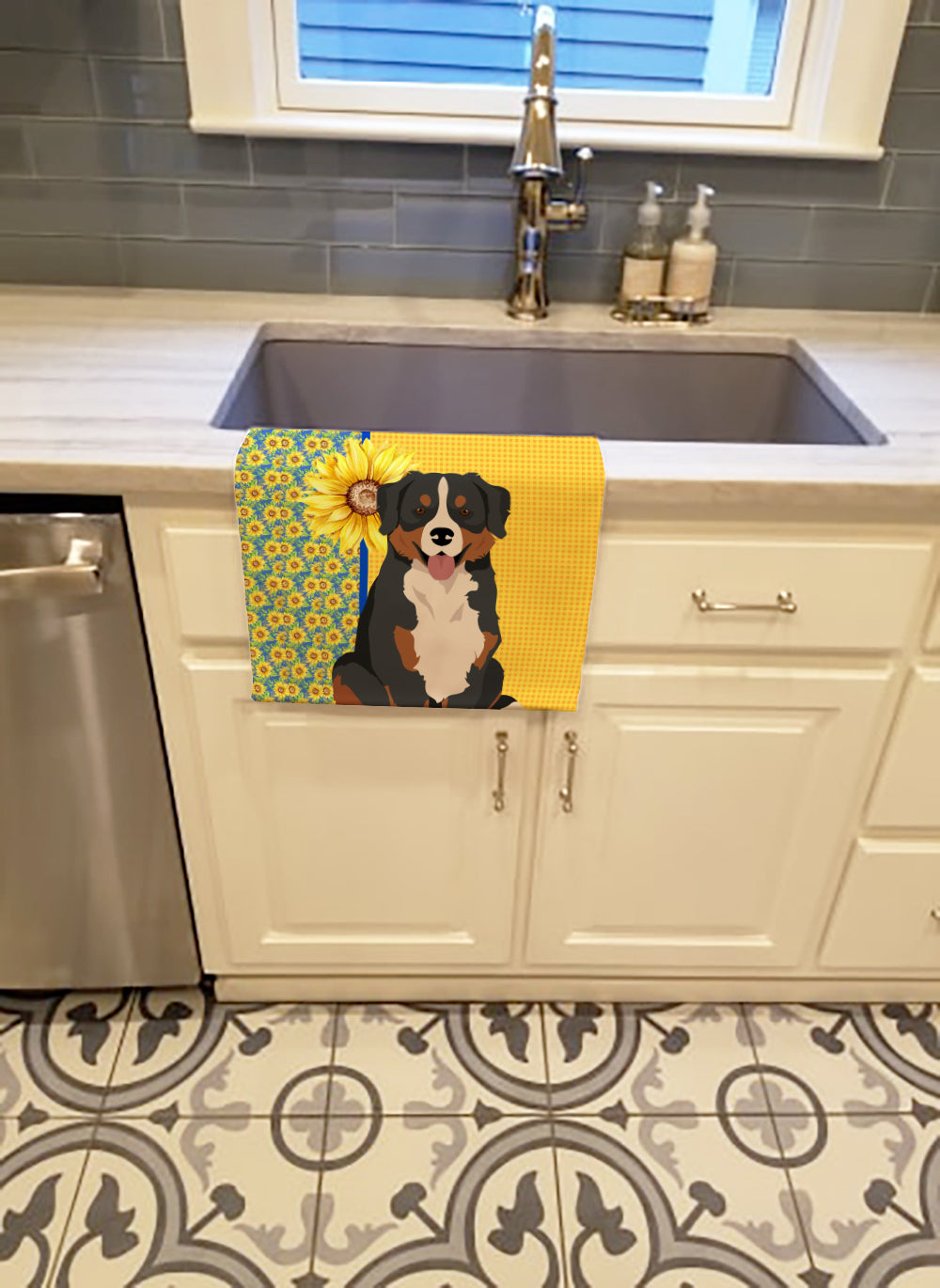 Buy this Summer Sunflowers Bernese Mountain Dog Kitchen Towel