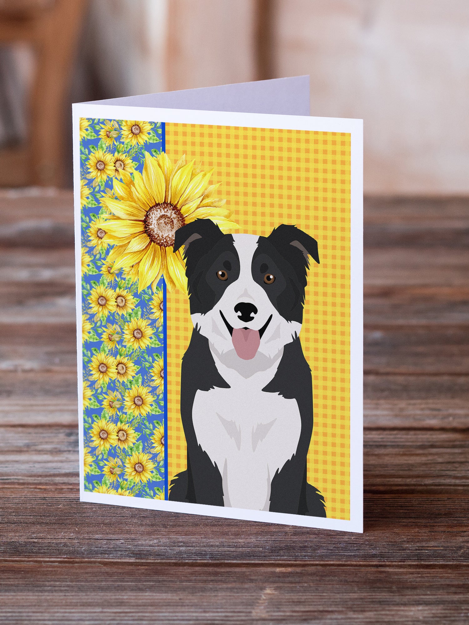 Buy this Summer Sunflowers Black and White Border Collie Greeting Cards and Envelopes Pack of 8