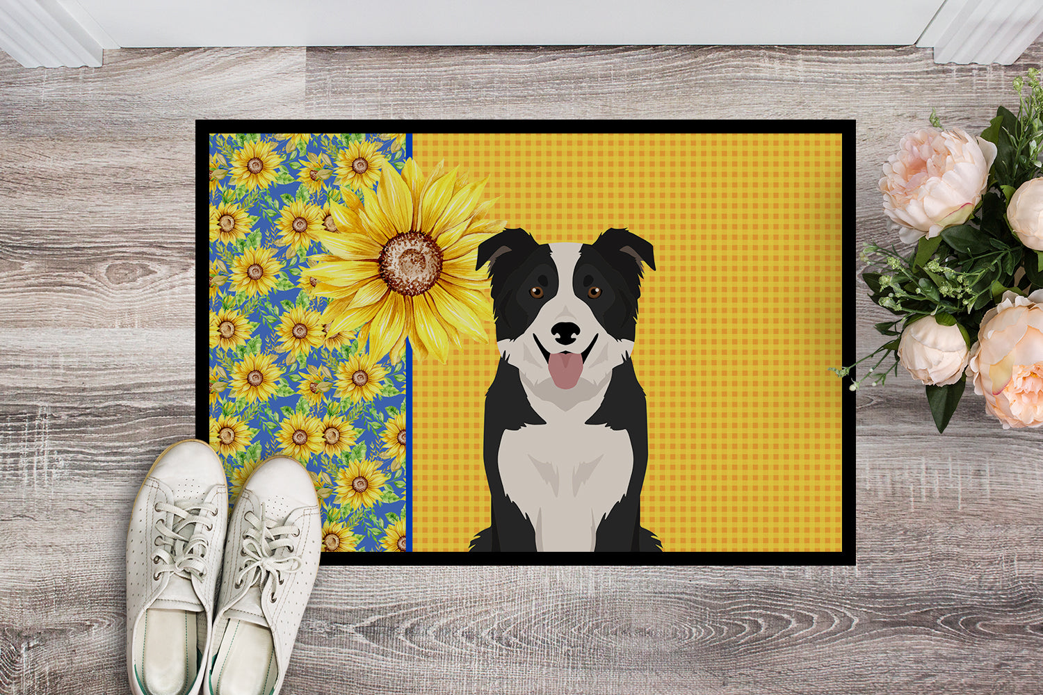 Buy this Summer Sunflowers Black and White Border Collie Indoor or Outdoor Mat 24x36