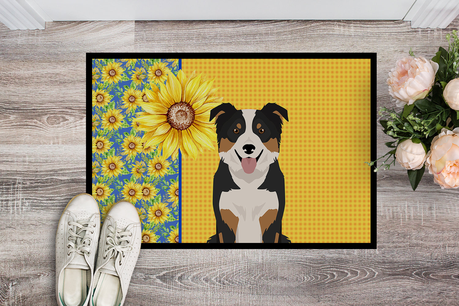 Buy this Summer Sunflowers Tricolor Border Collie Indoor or Outdoor Mat 18x27