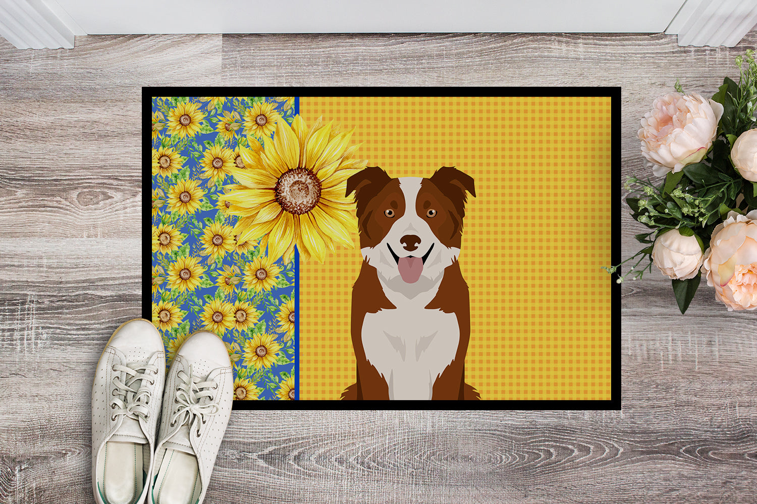 Buy this Summer Sunflowers Red and White Border Collie Indoor or Outdoor Mat 24x36
