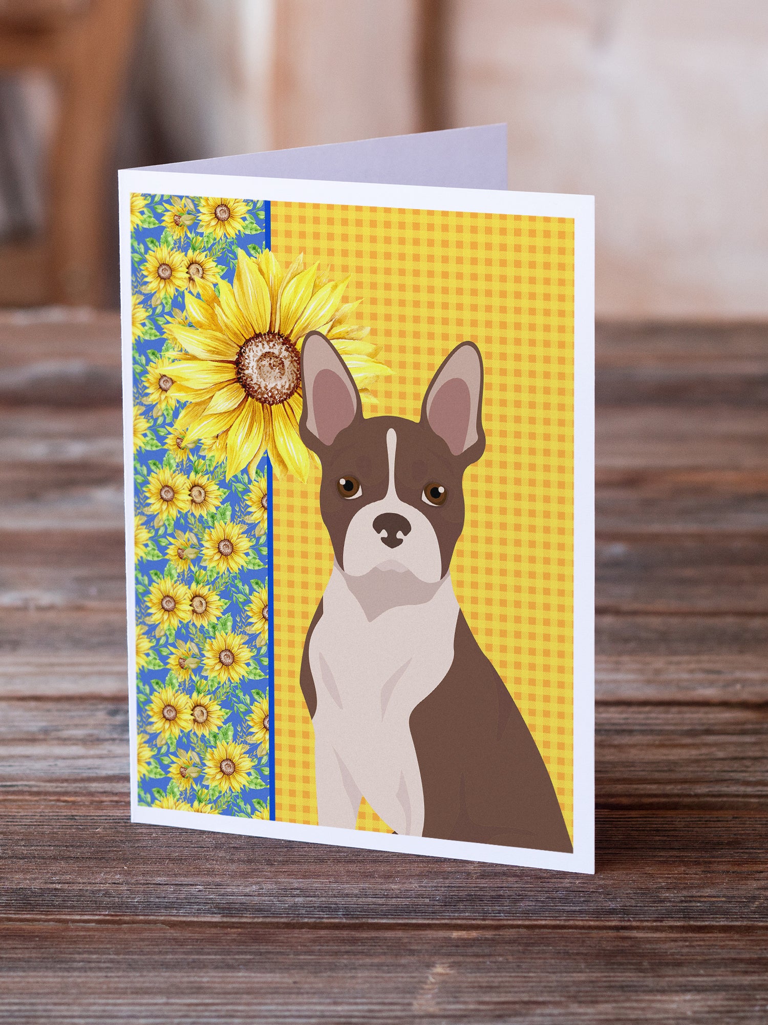 Buy this Summer Sunflowers Red Boston Terrier Greeting Cards and Envelopes Pack of 8