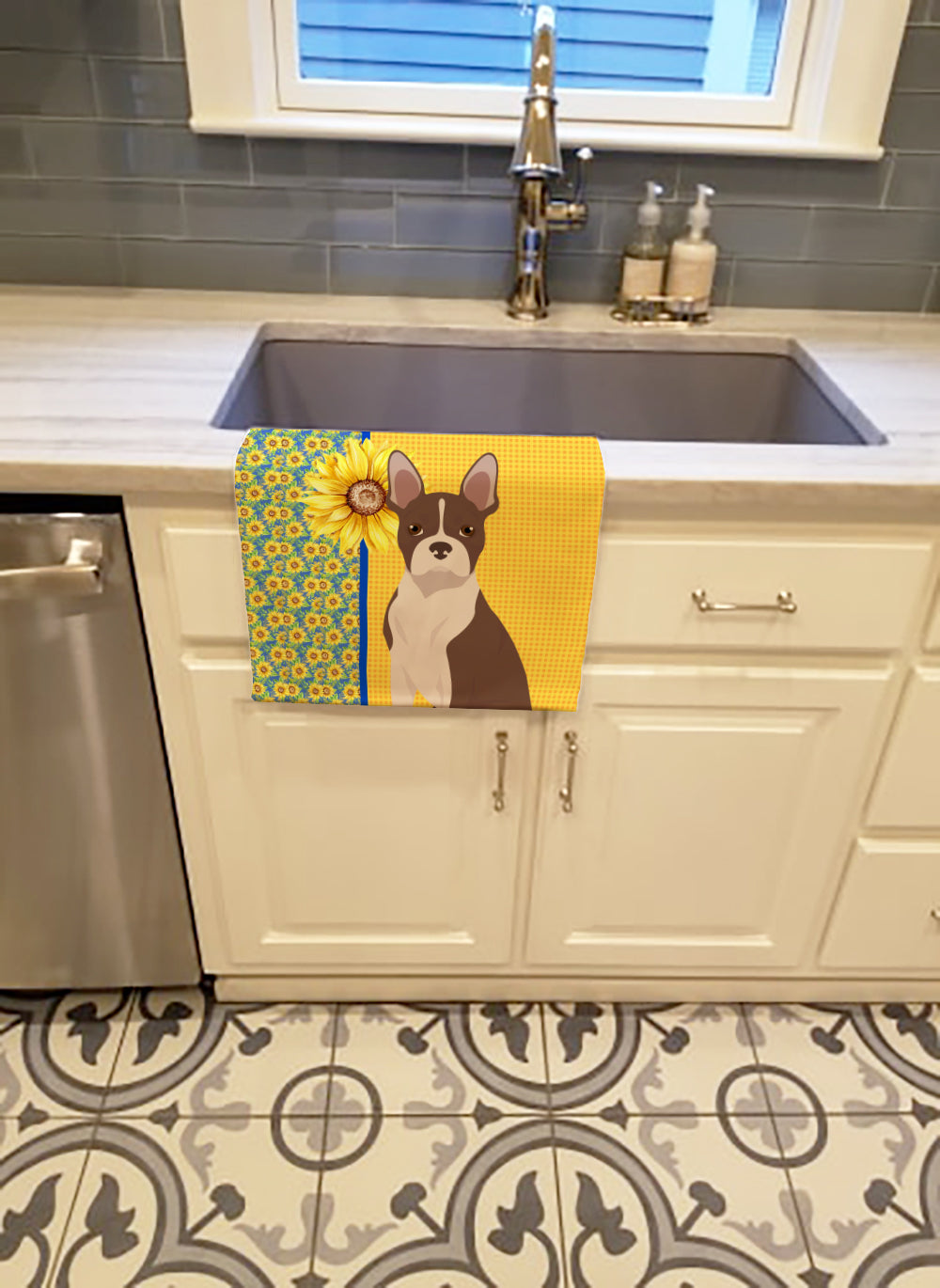 Buy this Summer Sunflowers Red Boston Terrier Kitchen Towel