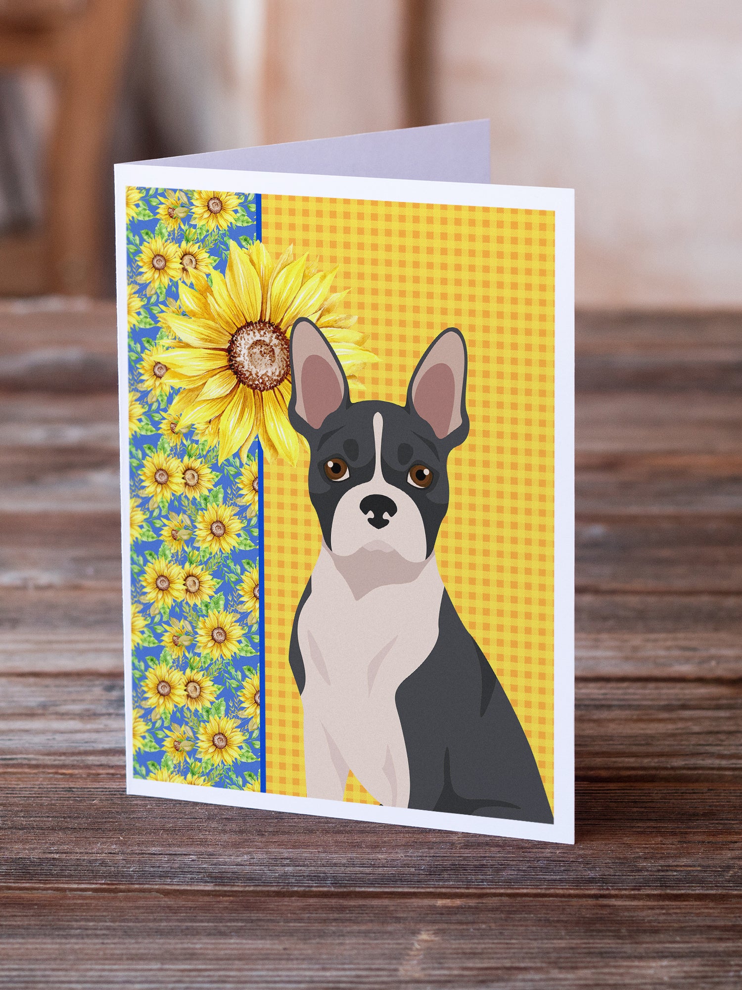 Buy this Summer Sunflowers Black Boston Terrier Greeting Cards and Envelopes Pack of 8