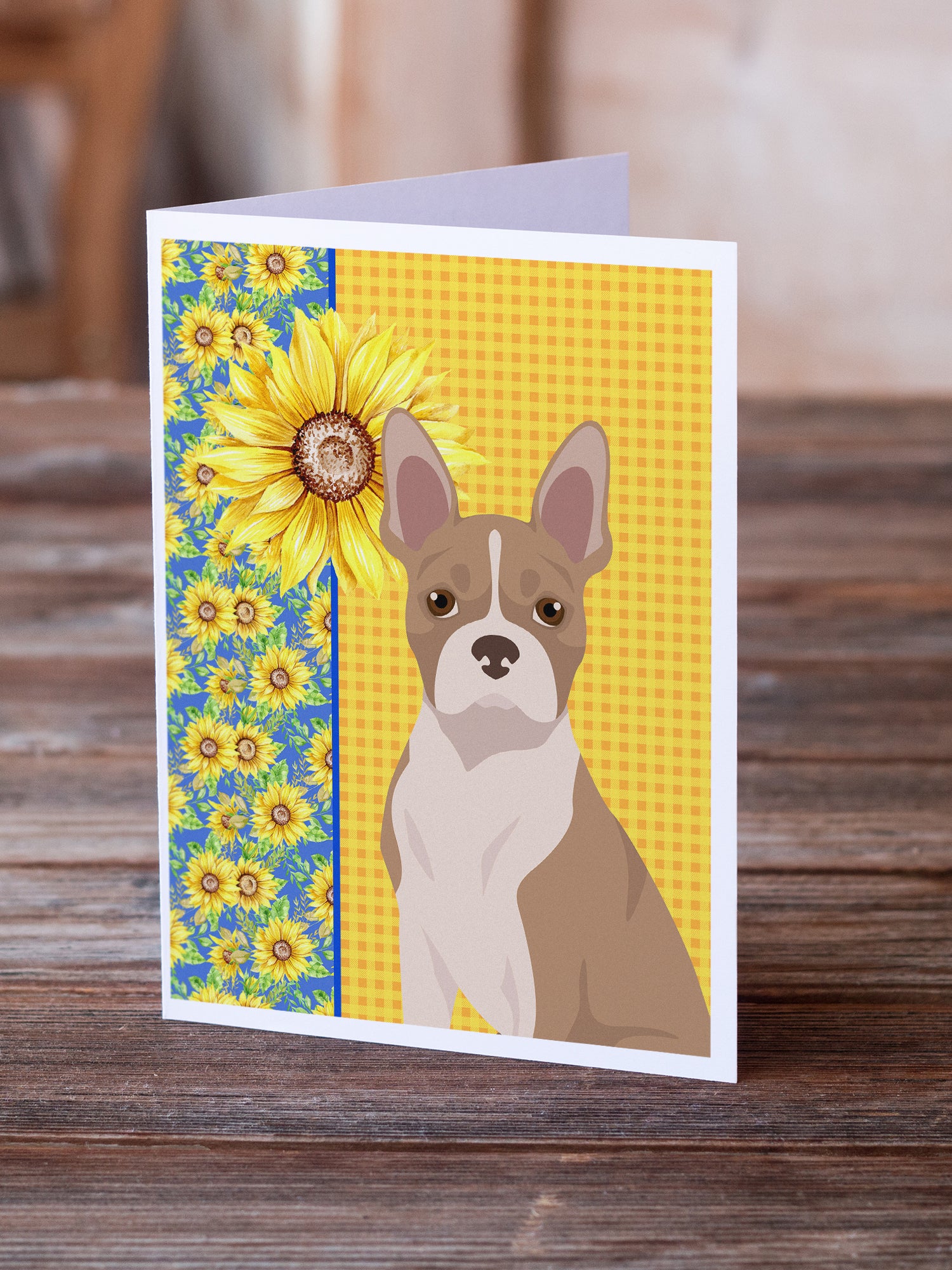 Buy this Summer Sunflowers Fawn Boston Terrier Greeting Cards and Envelopes Pack of 8