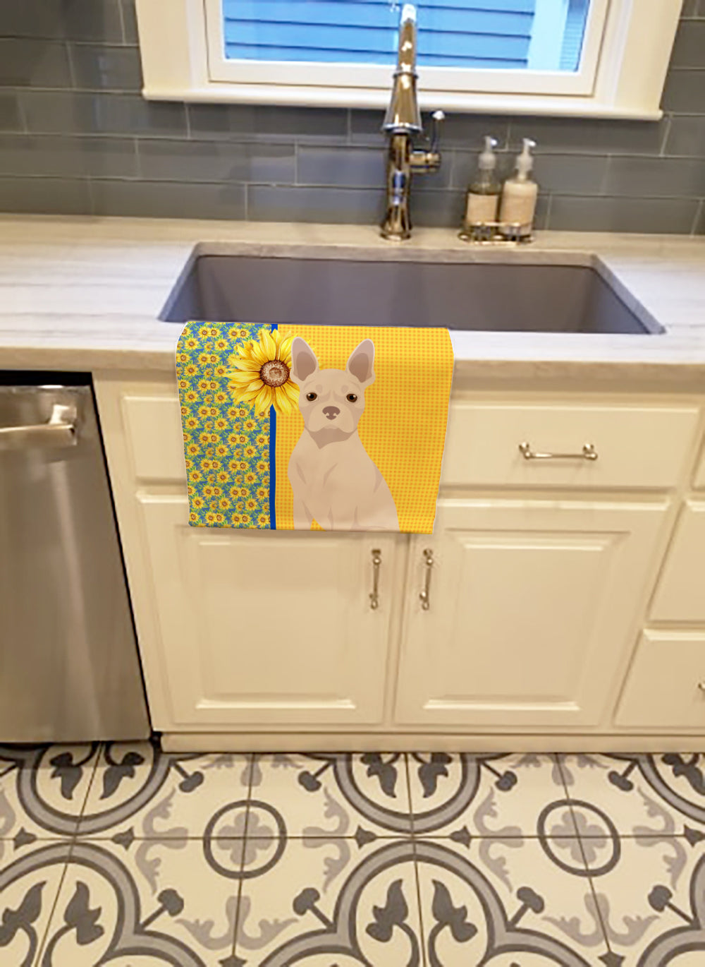 Buy this Summer Sunflowers White Boston Terrier Kitchen Towel