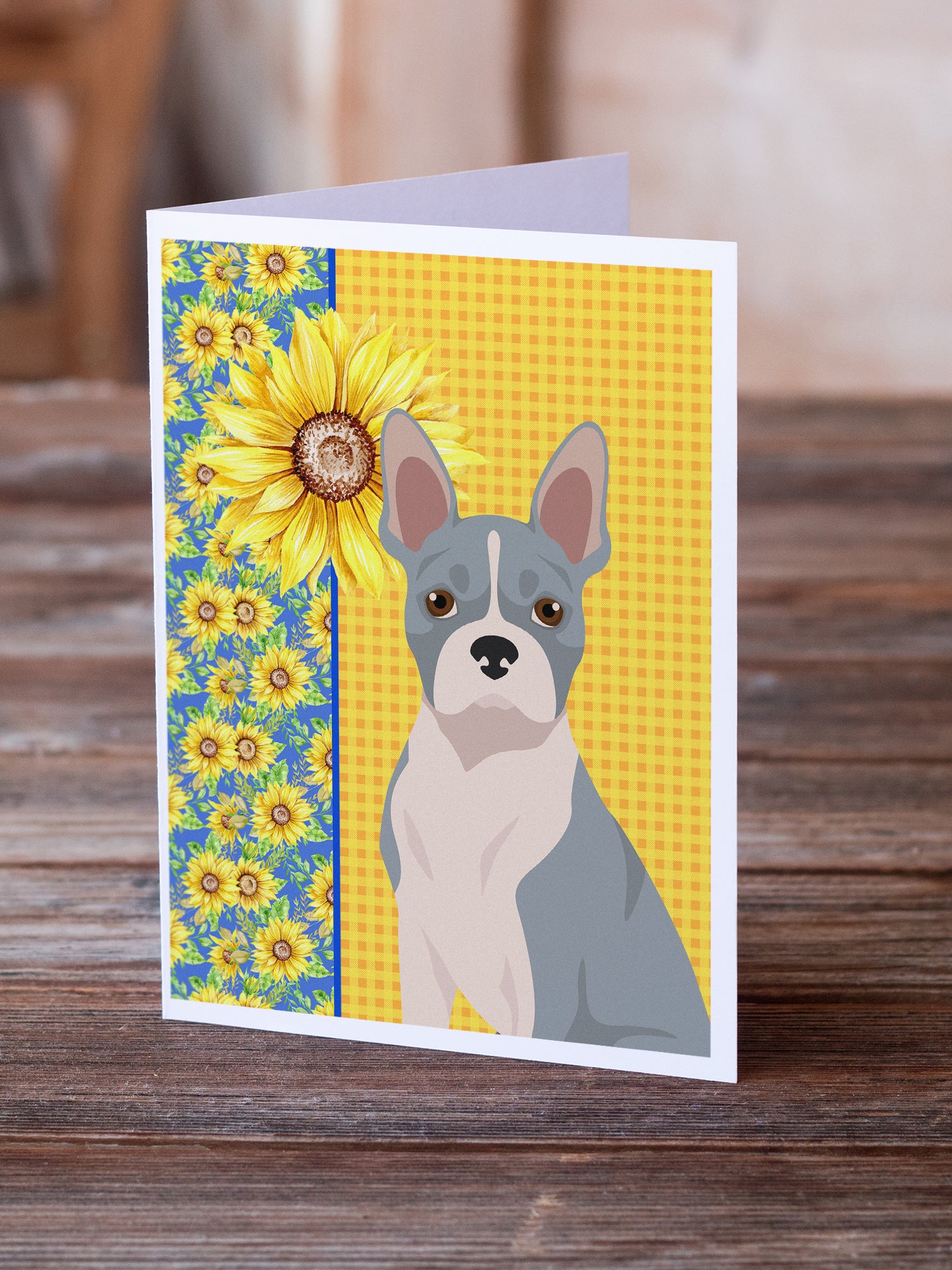 Buy this Summer Sunflowers Blue Boston Terrier Greeting Cards and Envelopes Pack of 8