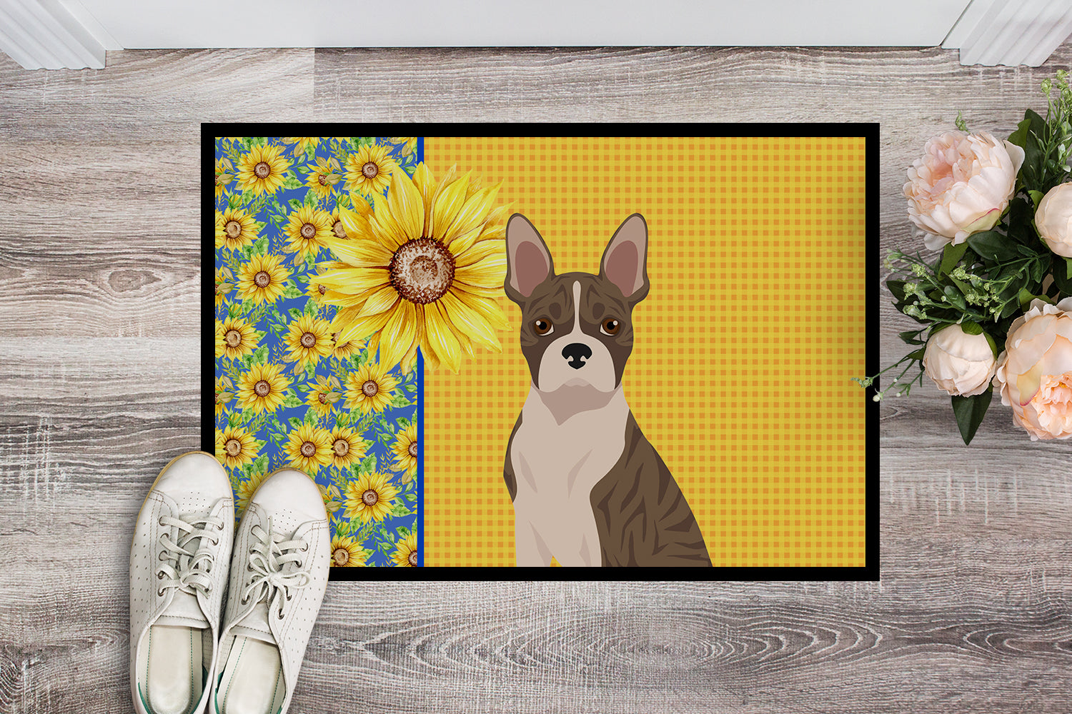Buy this Summer Sunflowers Brindle Boston Terrier Indoor or Outdoor Mat 24x36