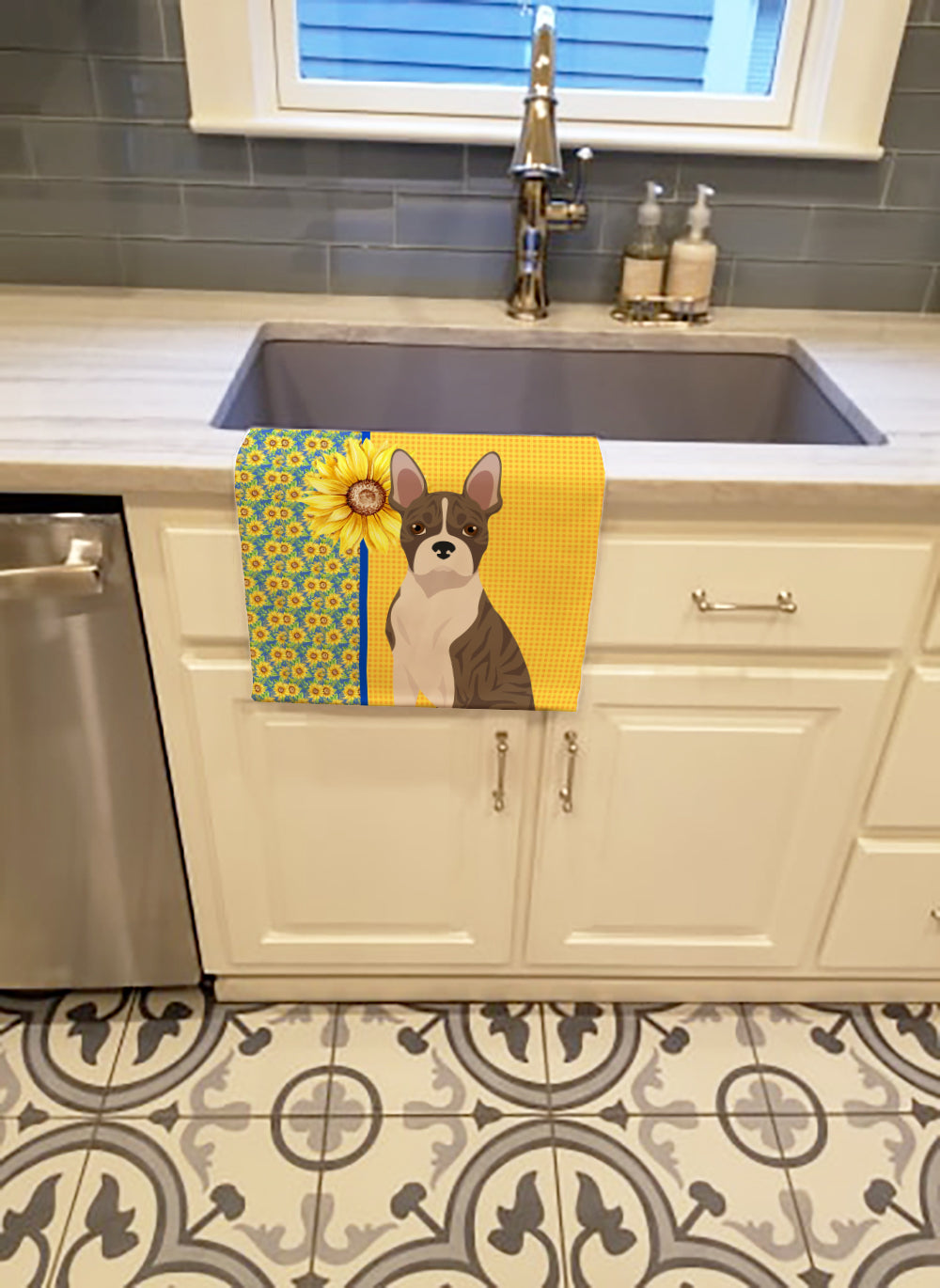 Buy this Summer Sunflowers Brindle Boston Terrier Kitchen Towel