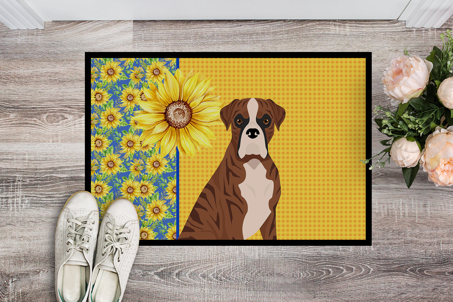 Buy this Summer Sunflowers Natural Eared Red Brindle Boxer Indoor or Outdoor Mat 24x36