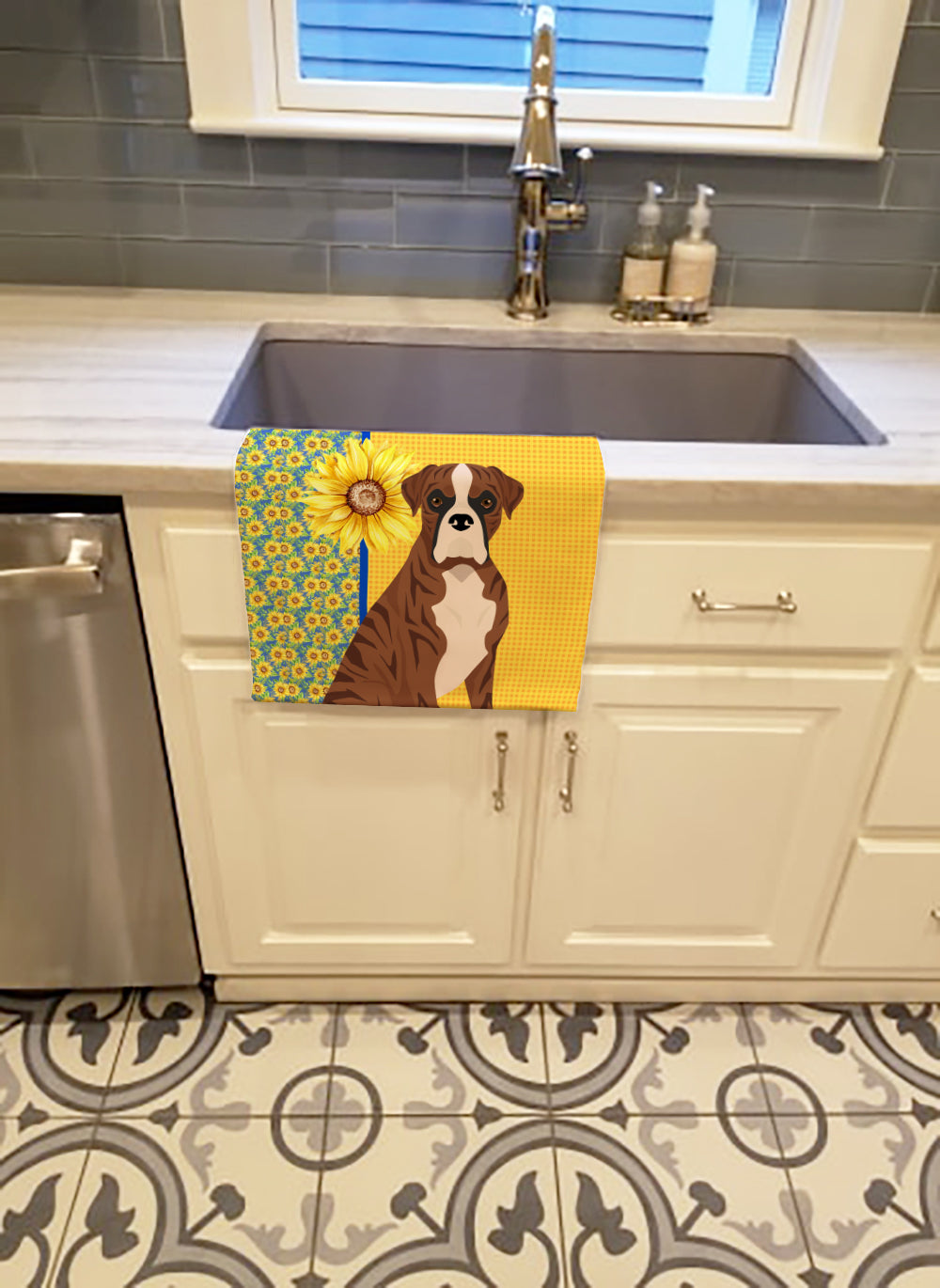 Buy this Summer Sunflowers Natural Eared Red Brindle Boxer Kitchen Towel