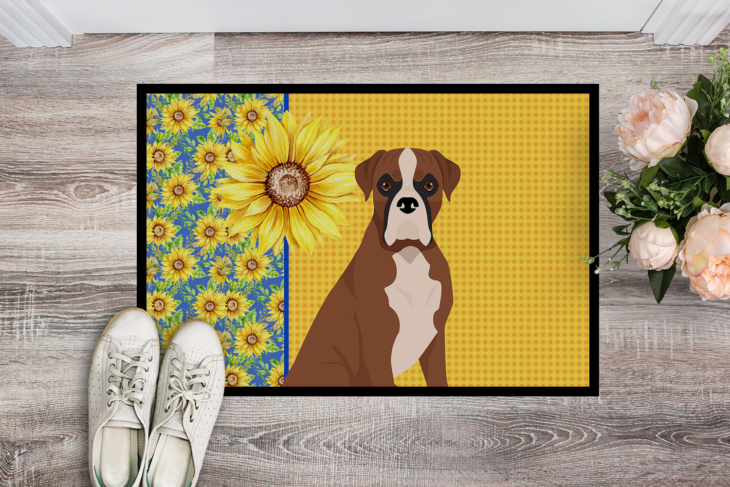 Buy this Summer Sunflowers Natural Eared Red Fawn Boxer Indoor or Outdoor Mat 24x36