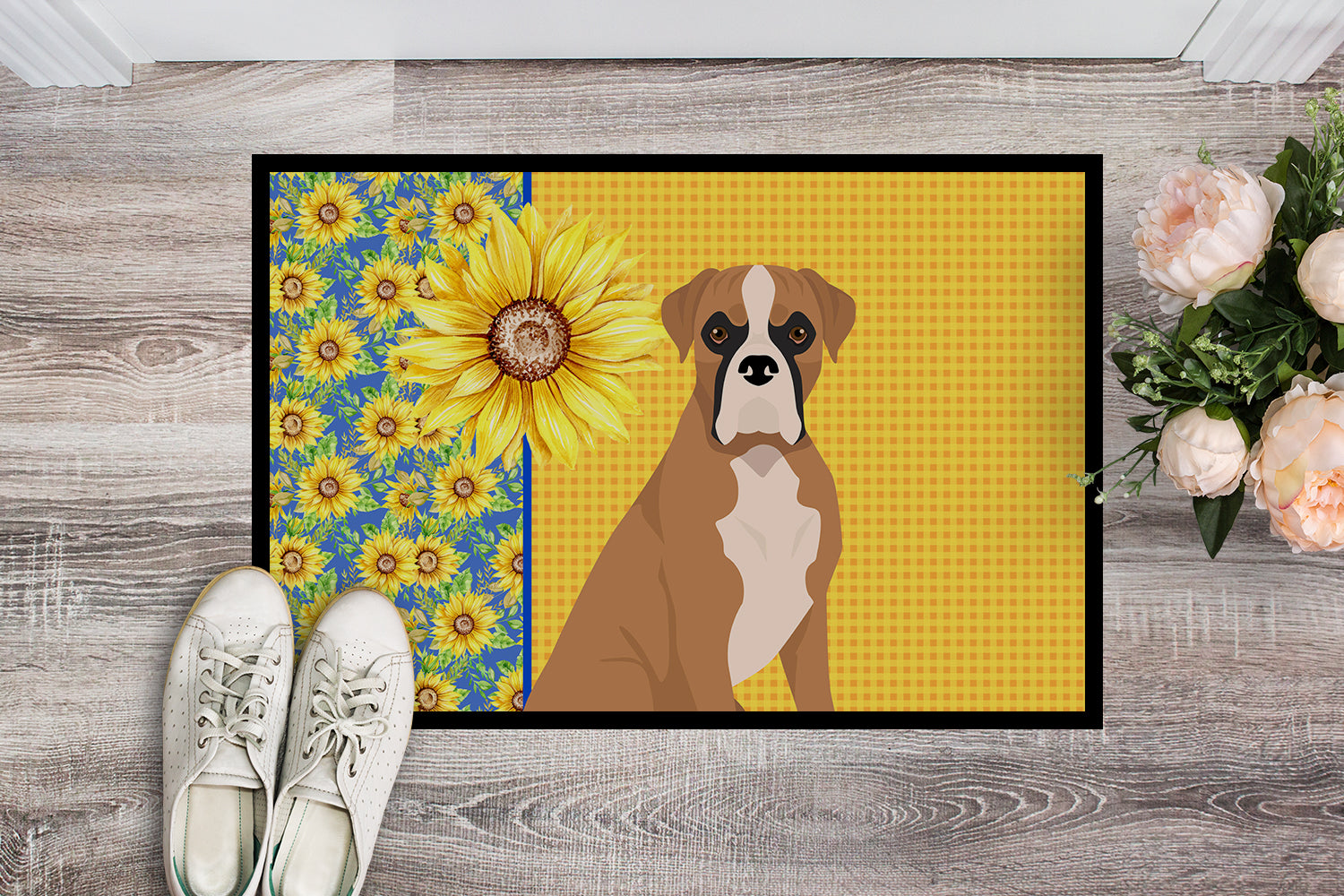 Buy this Summer Sunflowers Natural Eared Fawn Boxer Indoor or Outdoor Mat 24x36