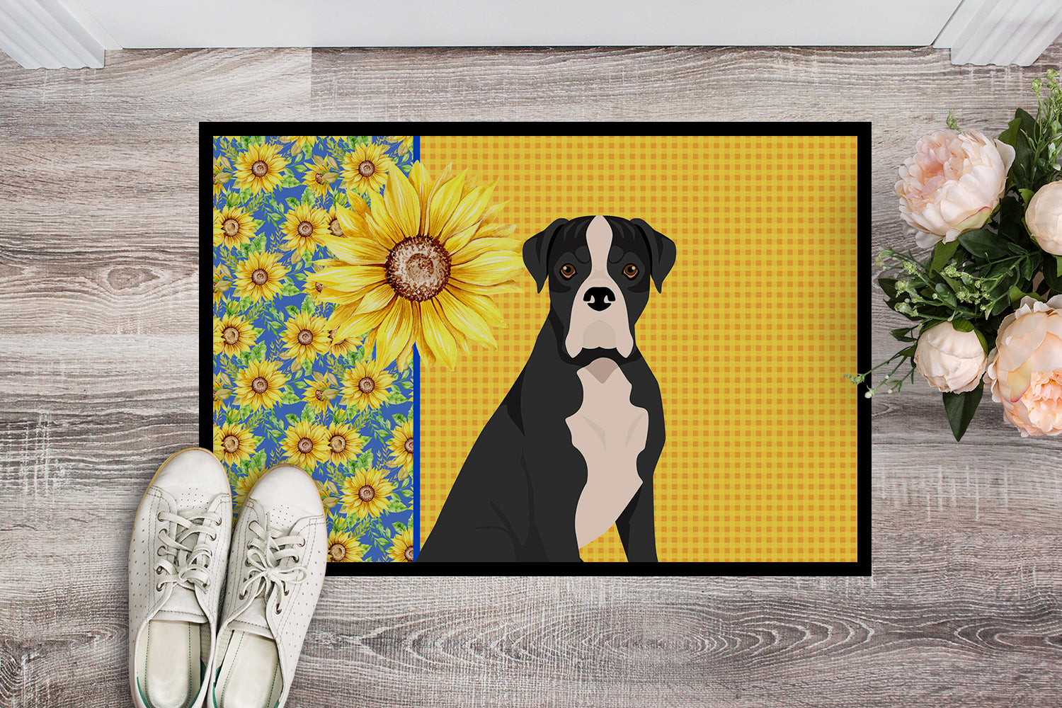 Buy this Summer Sunflowers Natural Eared Black Boxer Indoor or Outdoor Mat 18x27