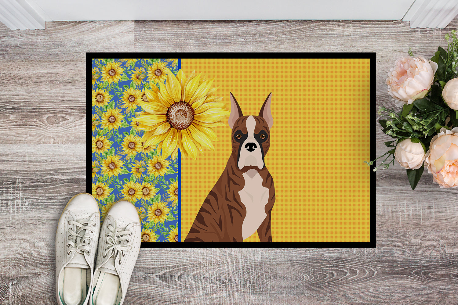 Buy this Summer Sunflowers Red Brindle Boxer Indoor or Outdoor Mat 18x27