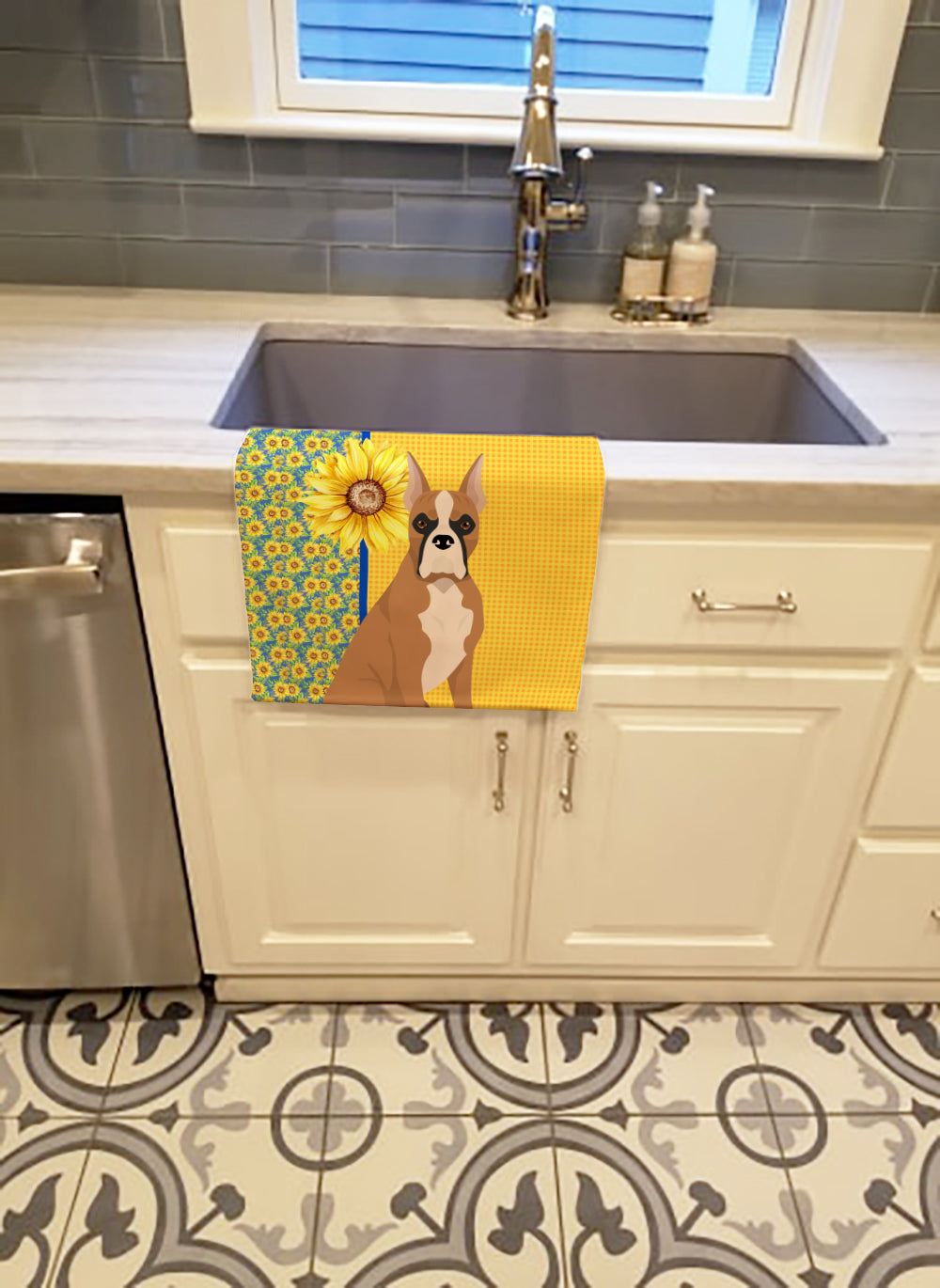 Buy this Summer Sunflowers Fawn Boxer Kitchen Towel