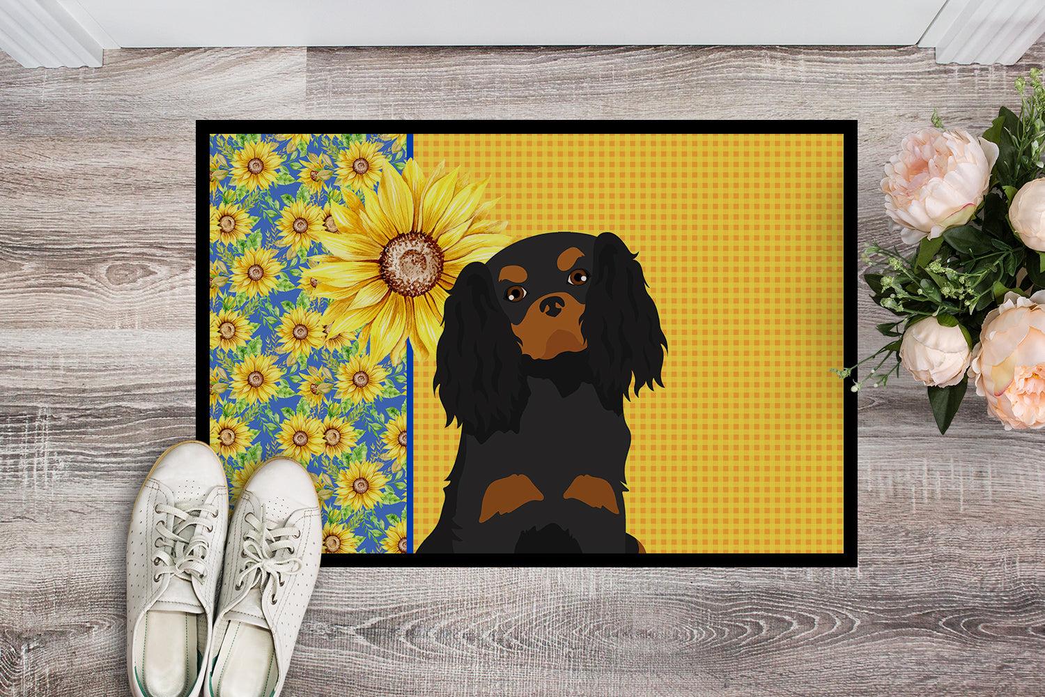 Buy this Summer Sunflowers Black and Tan Cavalier Spaniel Indoor or Outdoor Mat 18x27