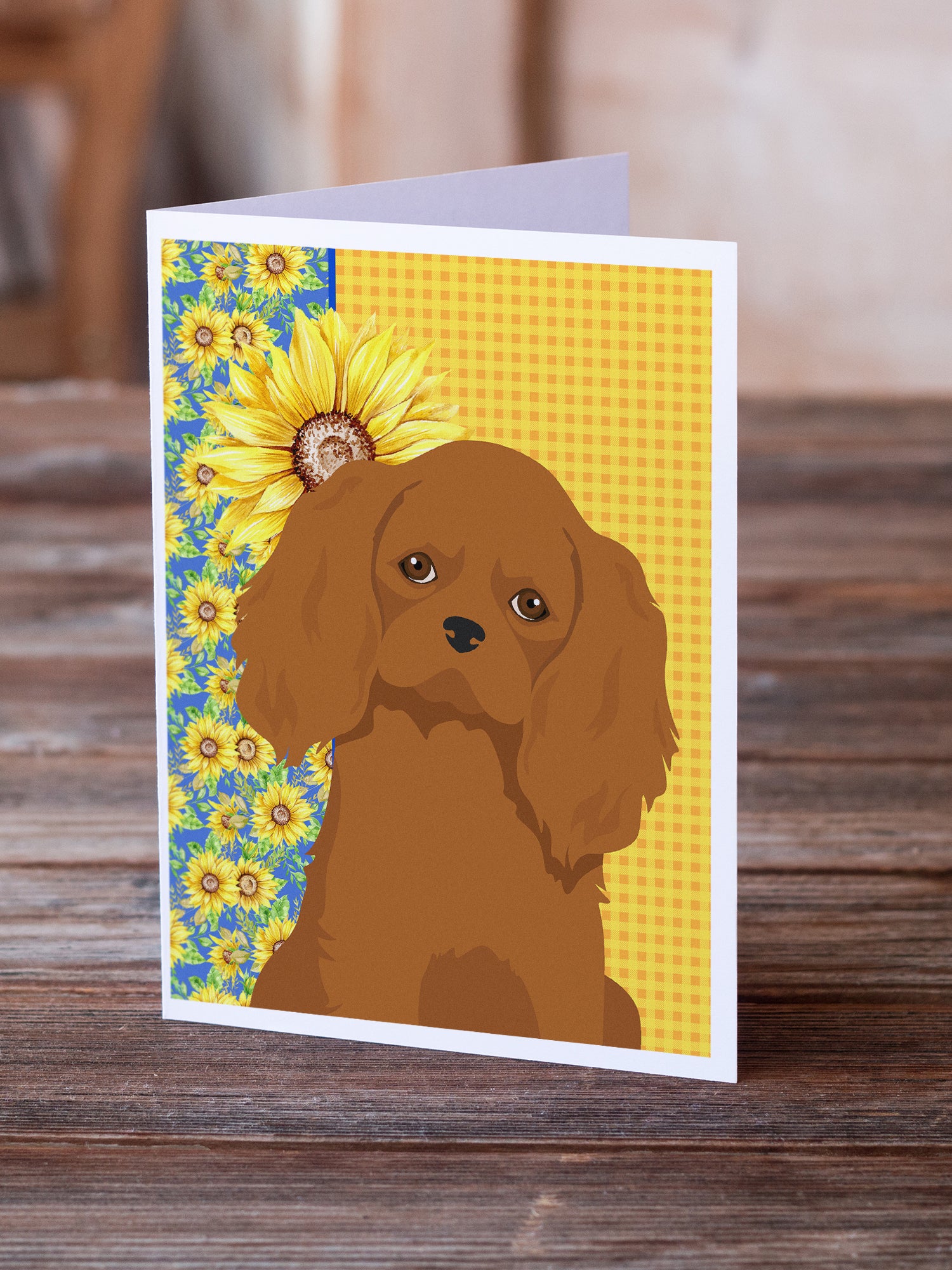 Buy this Summer Sunflowers Ruby Cavalier Spaniel Greeting Cards and Envelopes Pack of 8