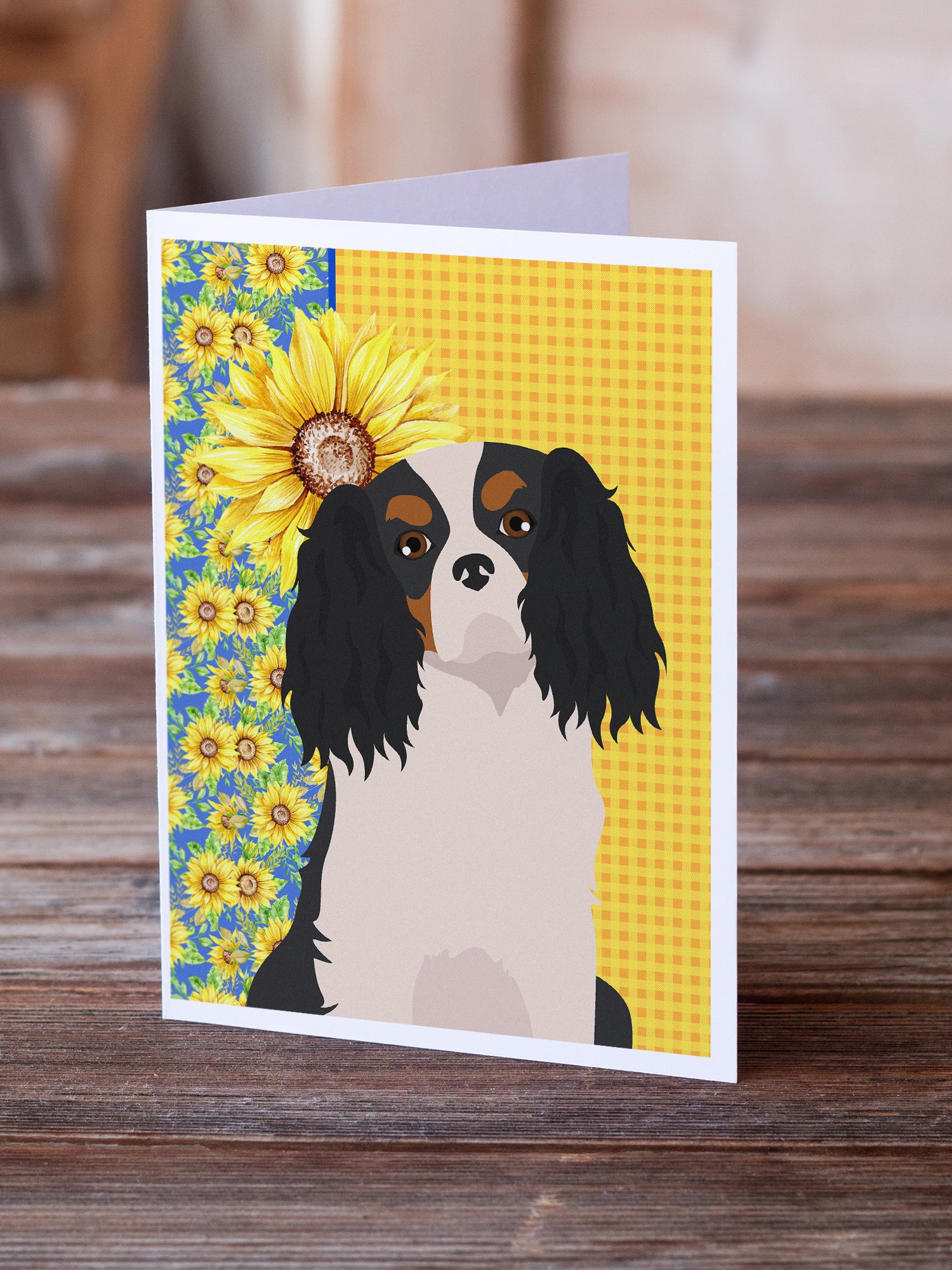 Buy this Summer Sunflowers Tricolor Cavalier Spaniel Greeting Cards and Envelopes Pack of 8