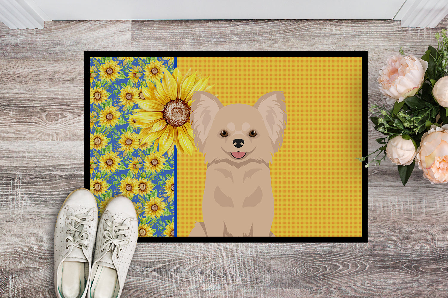 Summer Sunflowers Longhaired Cream Chihuahua Indoor or Outdoor Mat 18x27 - the-store.com