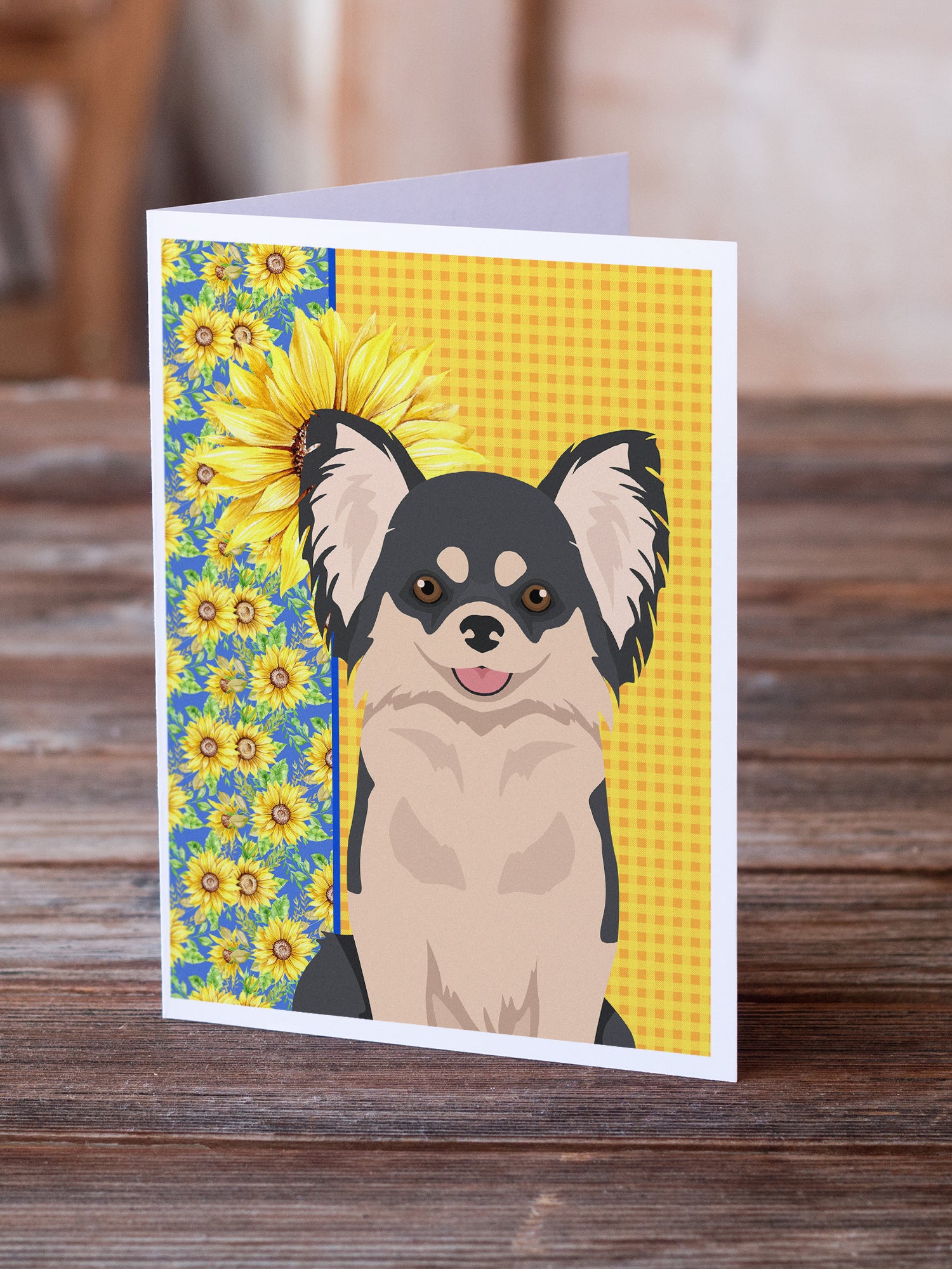 Buy this Summer Sunflowers Longhaired Black and White Chihuahua Greeting Cards and Envelopes Pack of 8