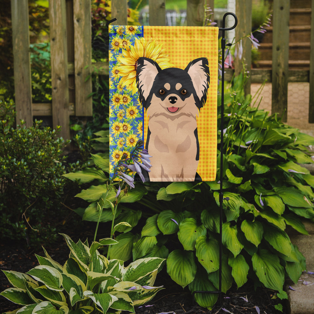 Summer Sunflowers Longhaired Black and White Chihuahua Flag Garden Size