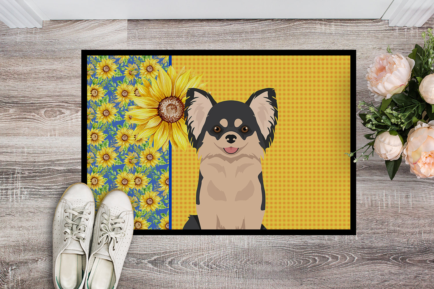 Summer Sunflowers Longhaired Black and White Chihuahua Indoor or Outdoor Mat 18x27 - the-store.com