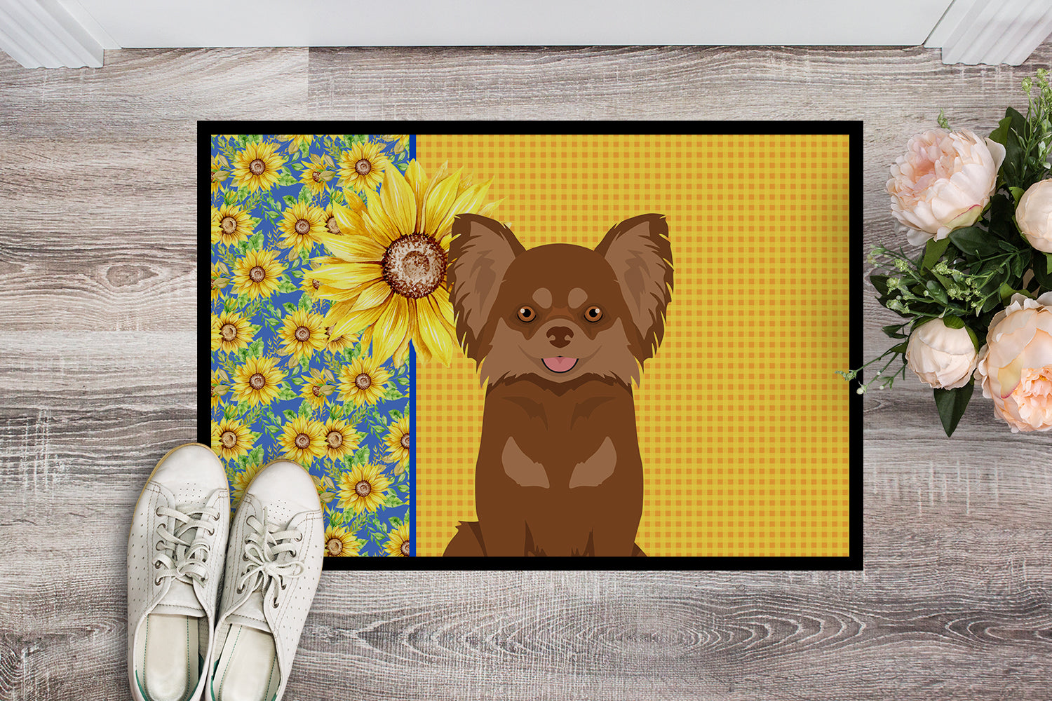 Buy this Summer Sunflowers Longhaired Chocolate and Tan Chihuahua Indoor or Outdoor Mat 18x27