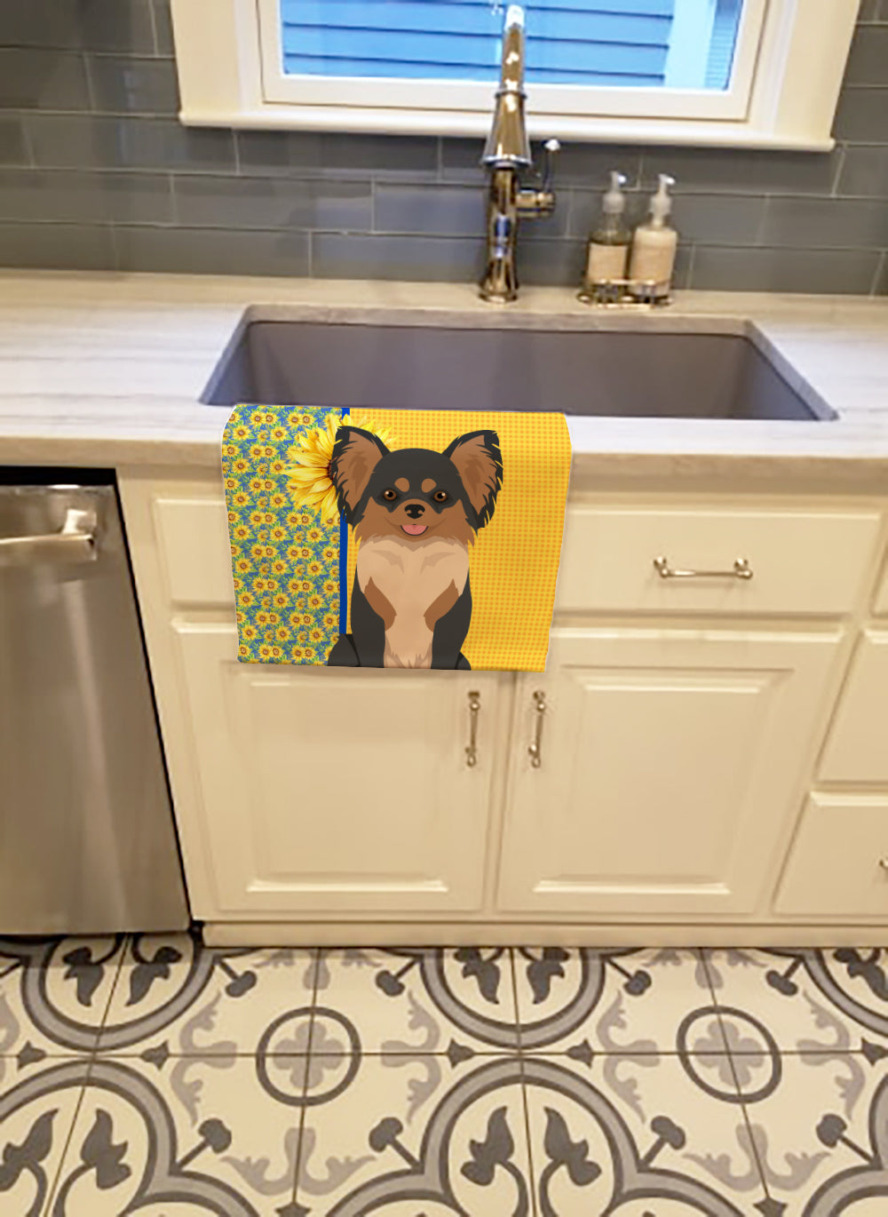 Buy this Summer Sunflowers Longhaired Black and Tan Chihuahua Kitchen Towel