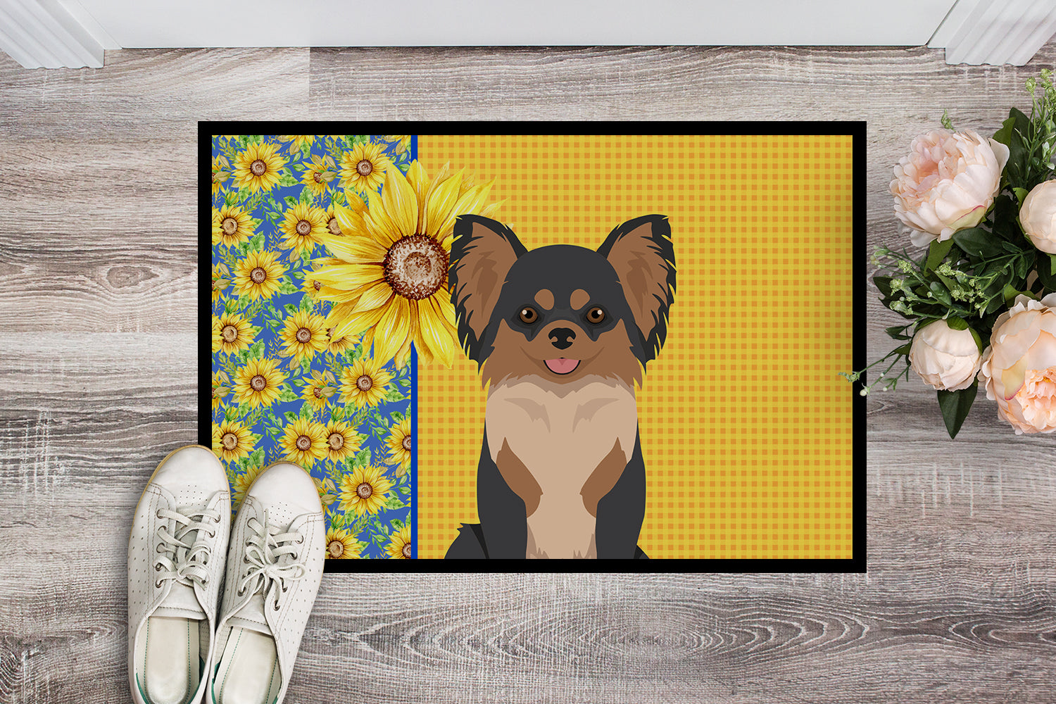 Summer Sunflowers Longhaired Black and Tan Chihuahua Indoor or Outdoor Mat 18x27 - the-store.com