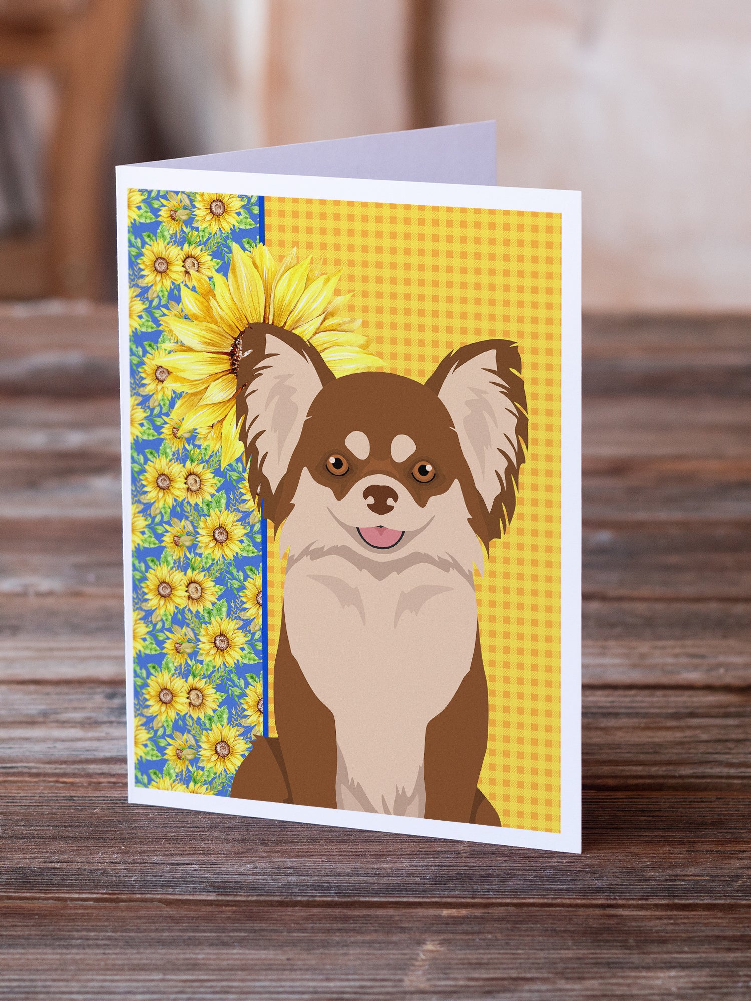 Buy this Summer Sunflowers Longhaired Chocolate and White Chihuahua Greeting Cards and Envelopes Pack of 8