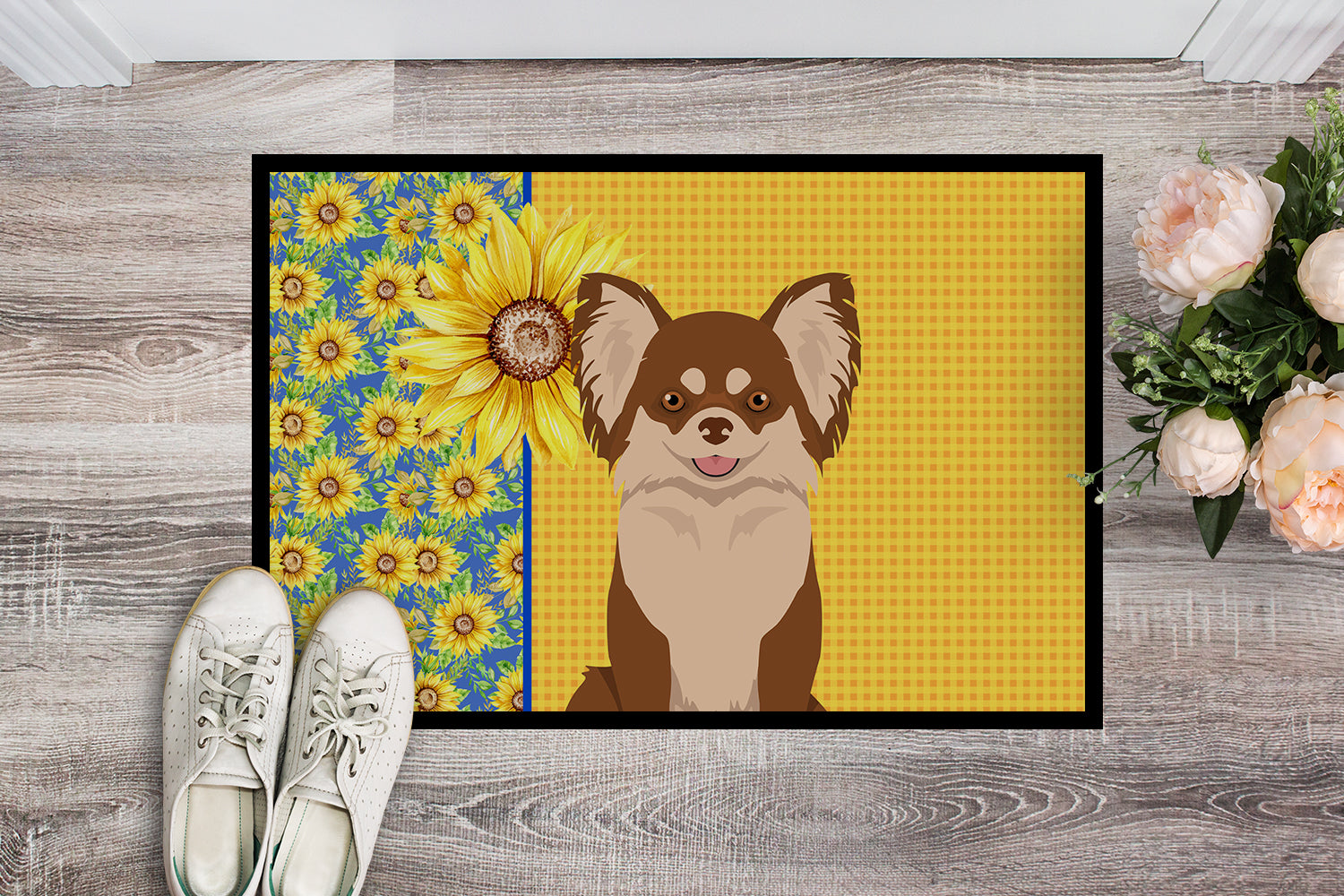 Summer Sunflowers Longhaired Chocolate and White Chihuahua Indoor or Outdoor Mat 18x27 - the-store.com
