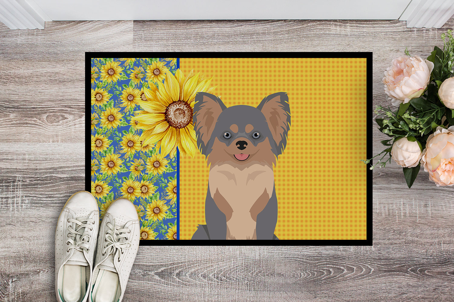 Buy this Summer Sunflowers Longhaired Blue and Tan Chihuahua Indoor or Outdoor Mat 24x36