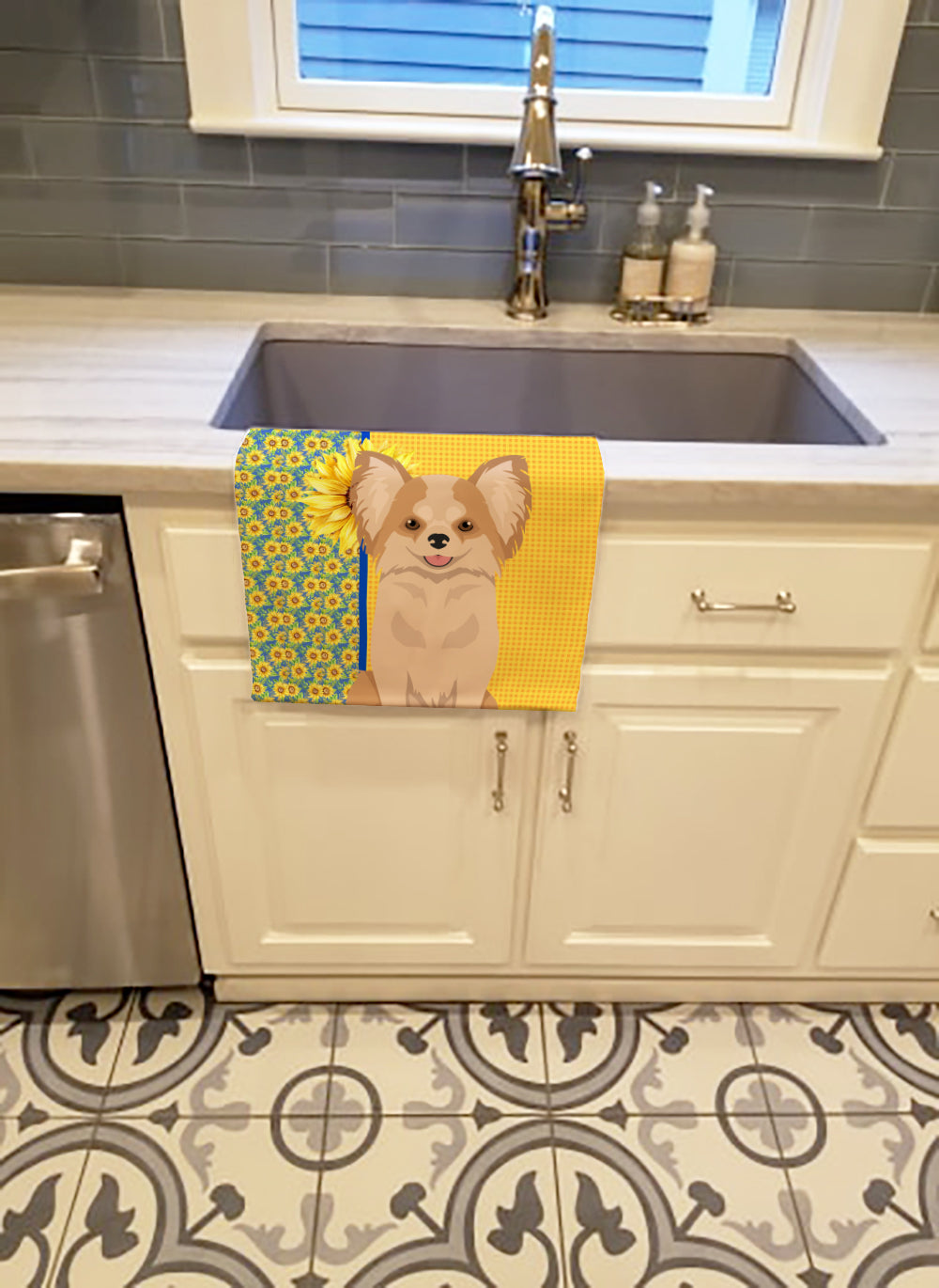 Buy this Summer Sunflowers Longhaired Gold and White Chihuahua Kitchen Towel