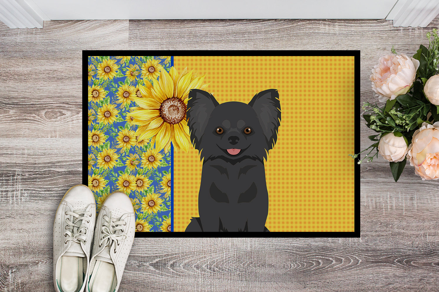 Buy this Summer Sunflowers Longhaired Black Chihuahua Indoor or Outdoor Mat 18x27
