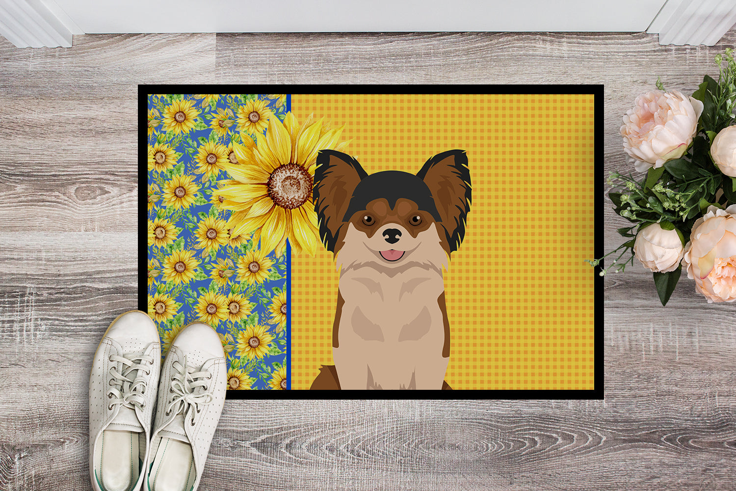 Buy this Summer Sunflowers Longhaired Black and Red Chihuahua Indoor or Outdoor Mat 18x27