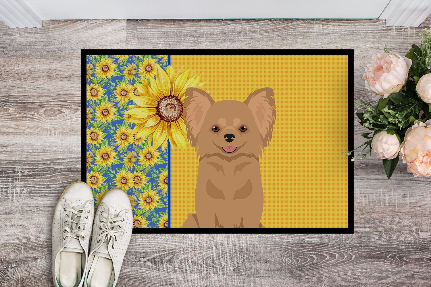 Buy this Summer Sunflowers Longhaired Gold Chihuahua Indoor or Outdoor Mat 18x27