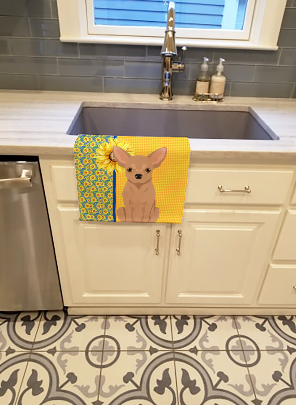 Buy this Summer Sunflowers Cream Chihuahua Kitchen Towel