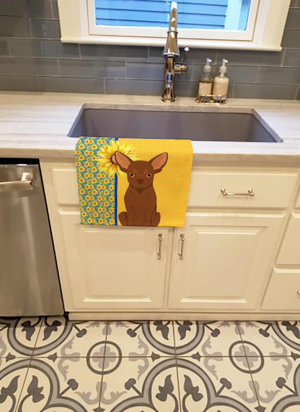 Buy this Summer Sunflowers Chocolate Chihuahua Kitchen Towel