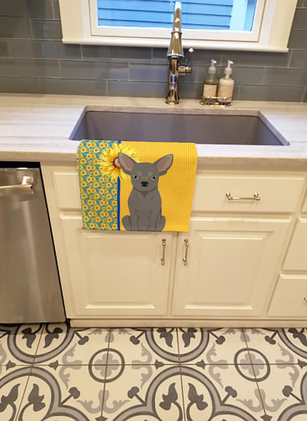 Buy this Summer Sunflowers Blue Chihuahua Kitchen Towel
