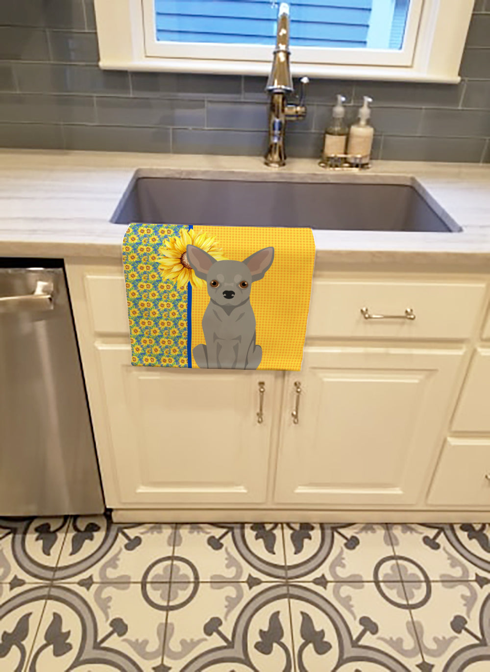 Buy this Summer Sunflowers Silver Chihuahua Kitchen Towel