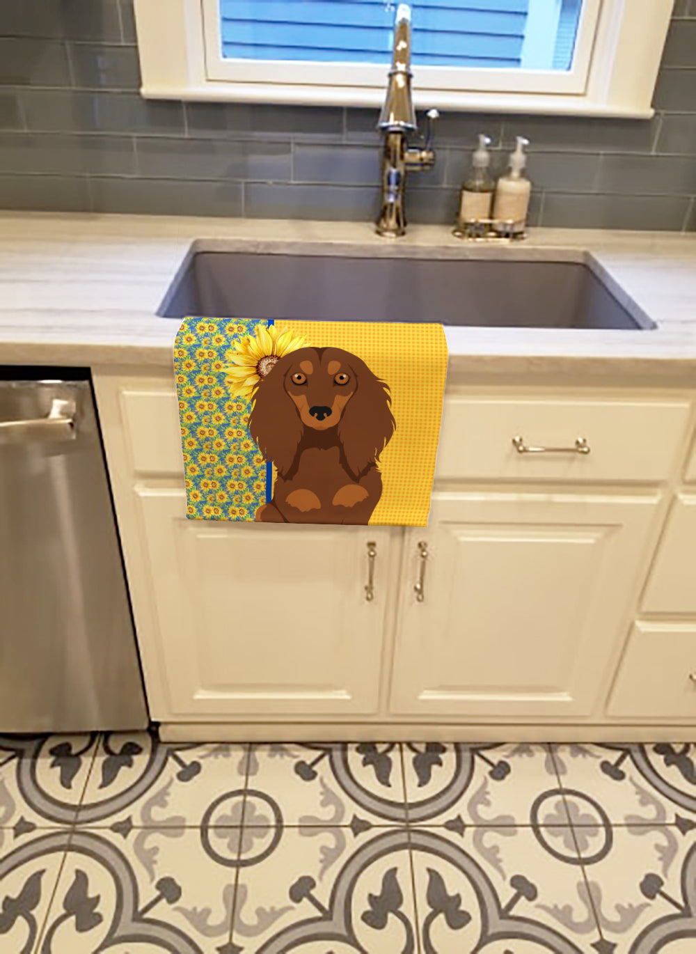 Buy this Summer Sunflowers Longhair Chocolate and Tan Dachshund Kitchen Towel