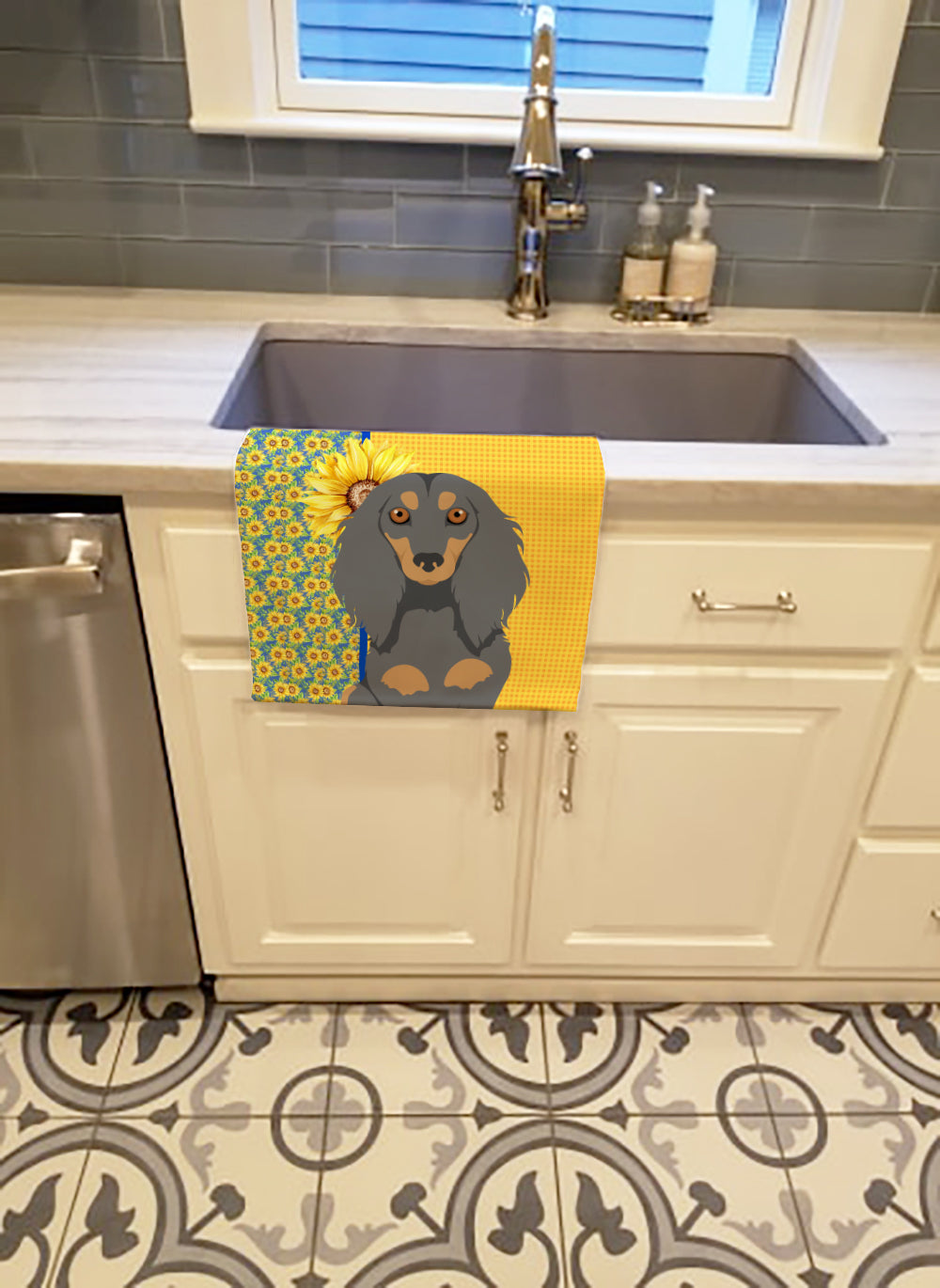 Buy this Summer Sunflowers Longhair Blue and Tan Dachshund Kitchen Towel