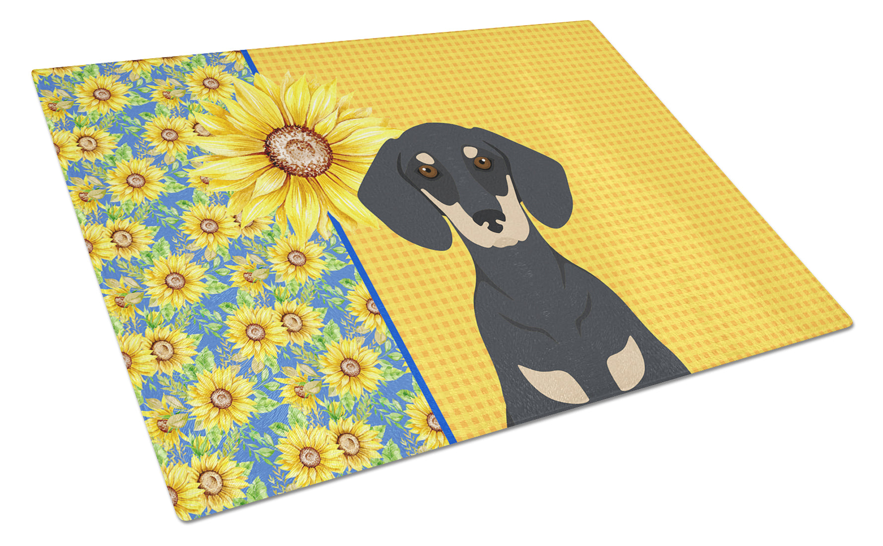 Buy this Summer Sunflowers Black and Cream Dachshund Glass Cutting Board Large