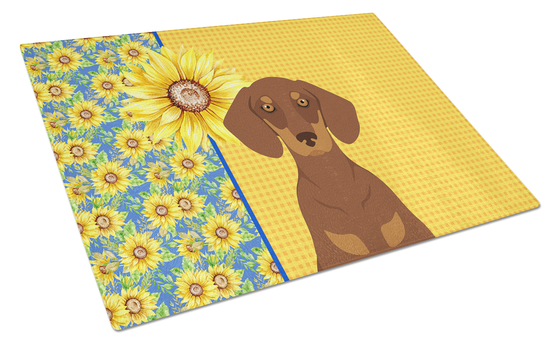 Buy this Summer Sunflowers Chocolate and Tan Dachshund Glass Cutting Board Large