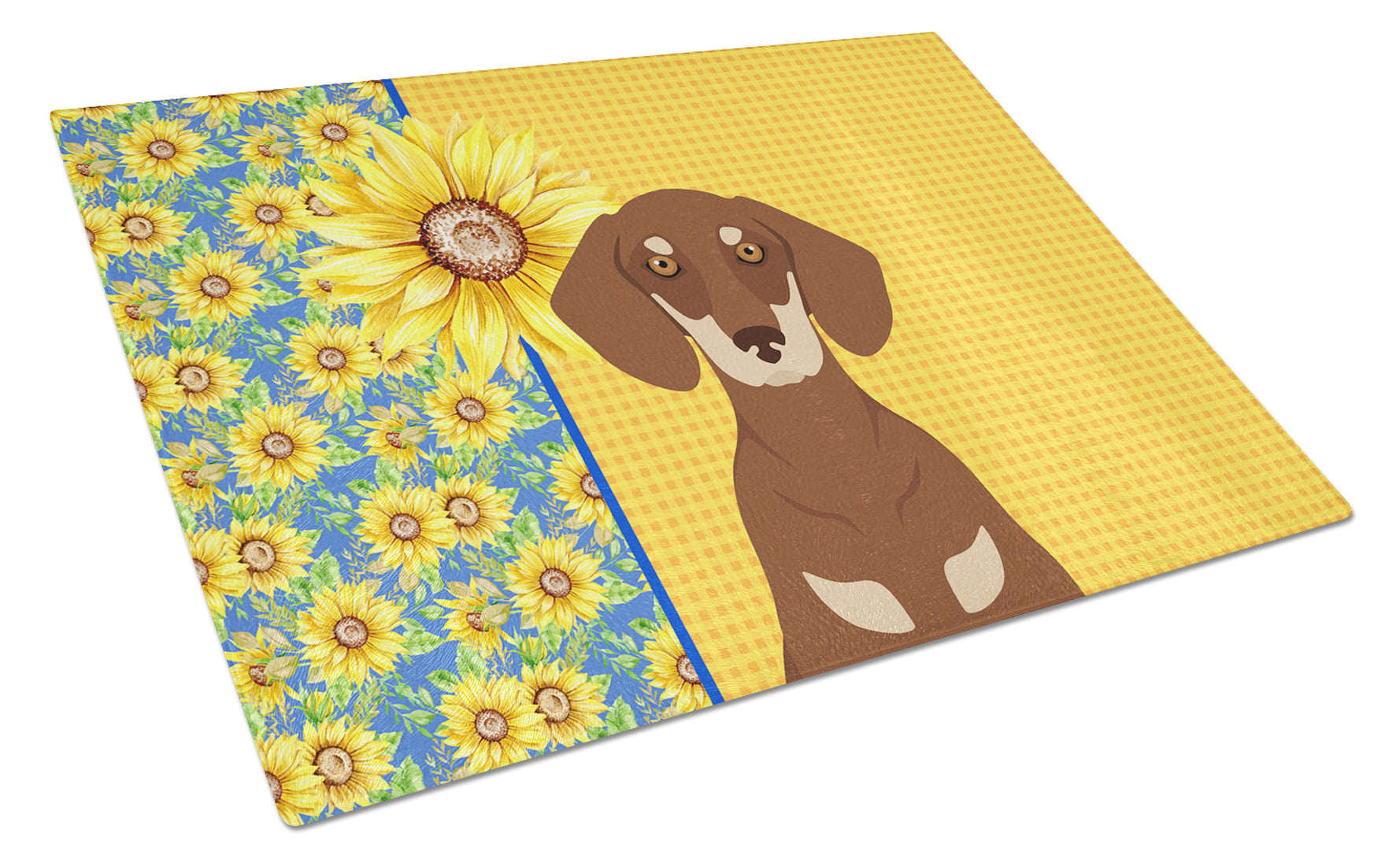 Buy this Summer Sunflowers Chocolate and Cream Dachshund Glass Cutting Board Large