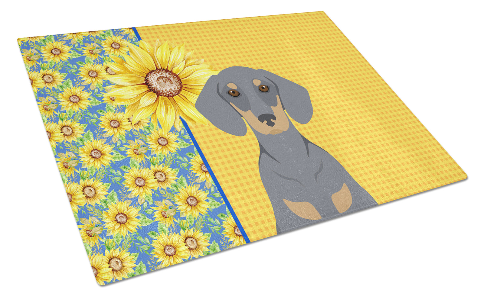 Buy this Summer Sunflowers Blue and Tan Dachshund Glass Cutting Board Large
