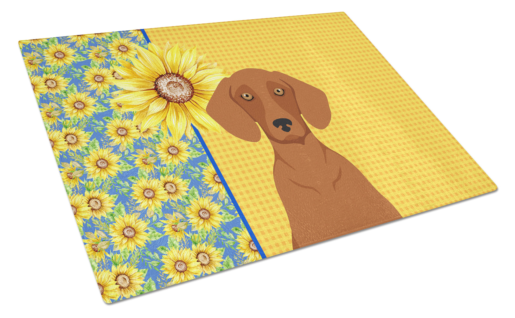 Buy this Summer Sunflowers Red Dachshund Glass Cutting Board Large