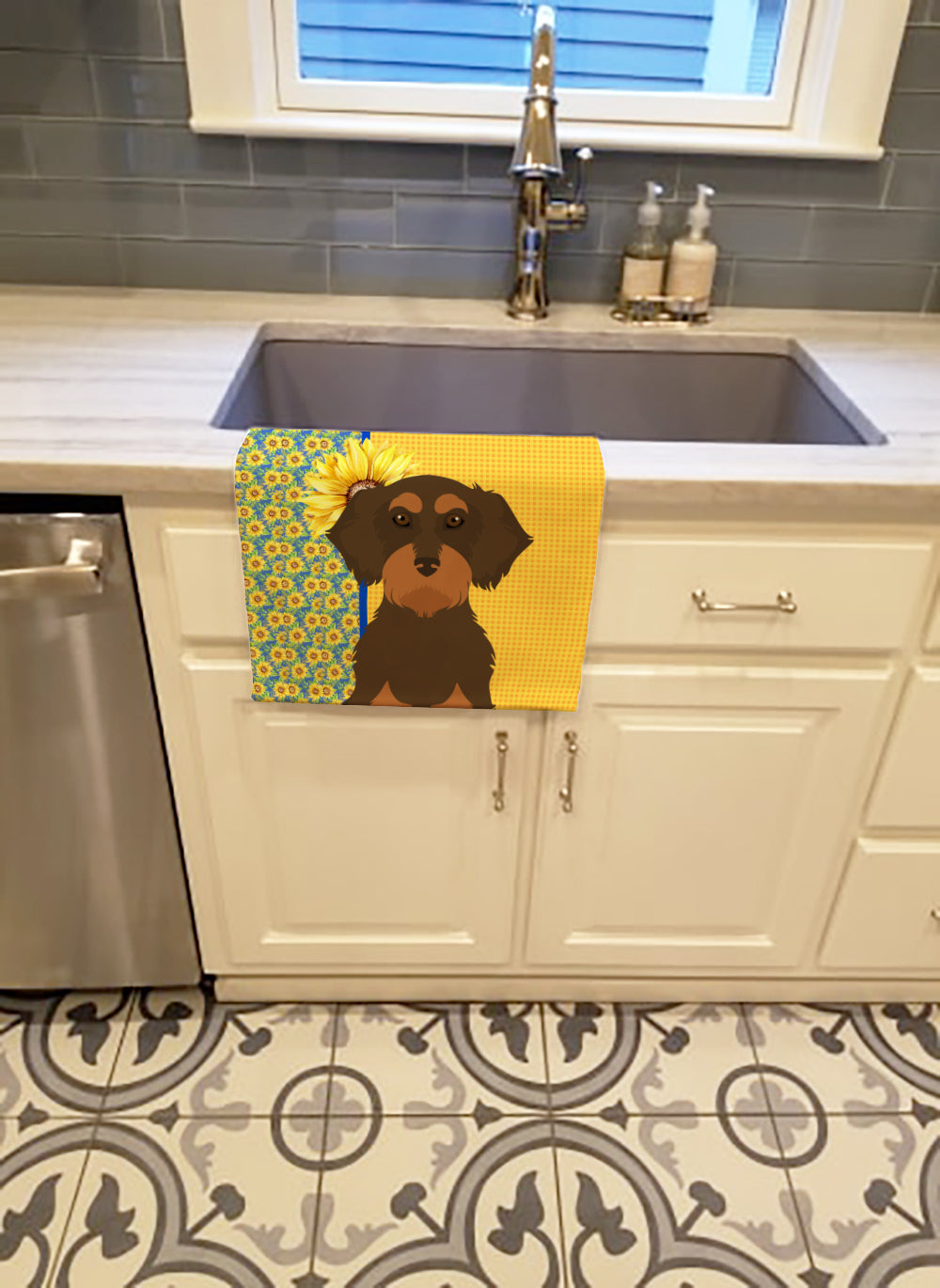 Buy this Summer Sunflowers Wirehair Chocolate and Tan Dachshund Kitchen Towel